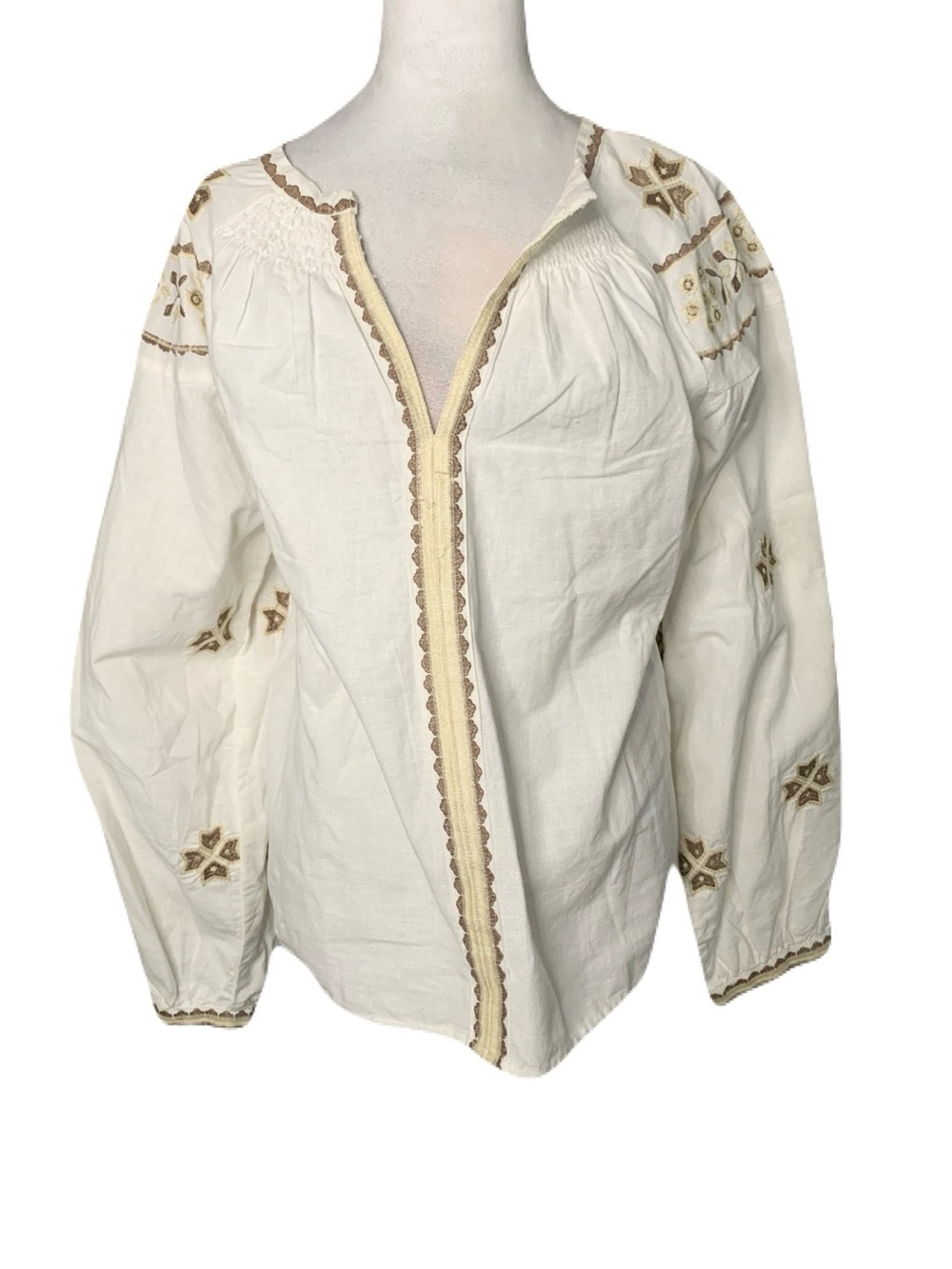 Calypso St Barth Large Cream Tan Brown Embroidered V Neck Hemp Blend Boho Top